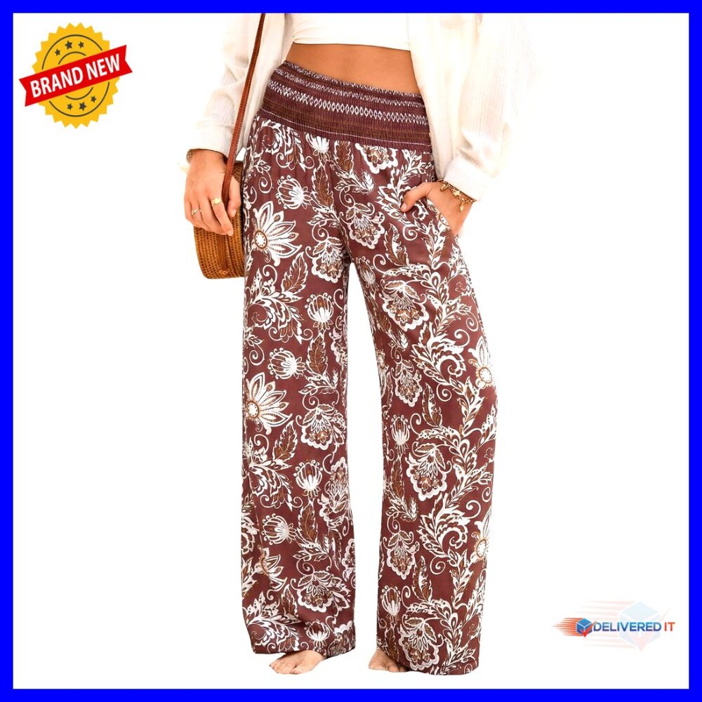 Wide Leg Palazzo Pants Smocked Waist Casual Loose Fit With Pockets